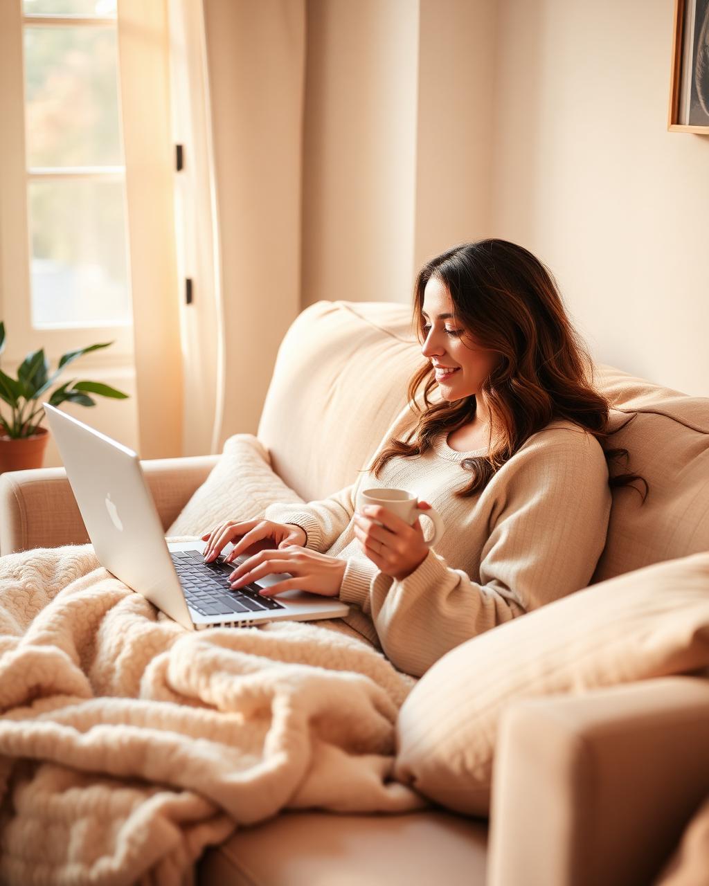 Working from a cozy couch with a laptop and coffee