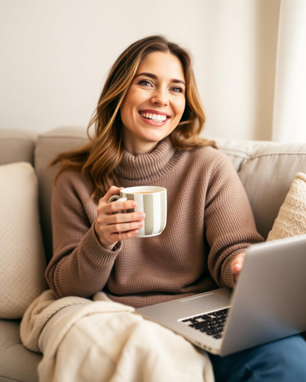 Smiling with a striped mug and laptop